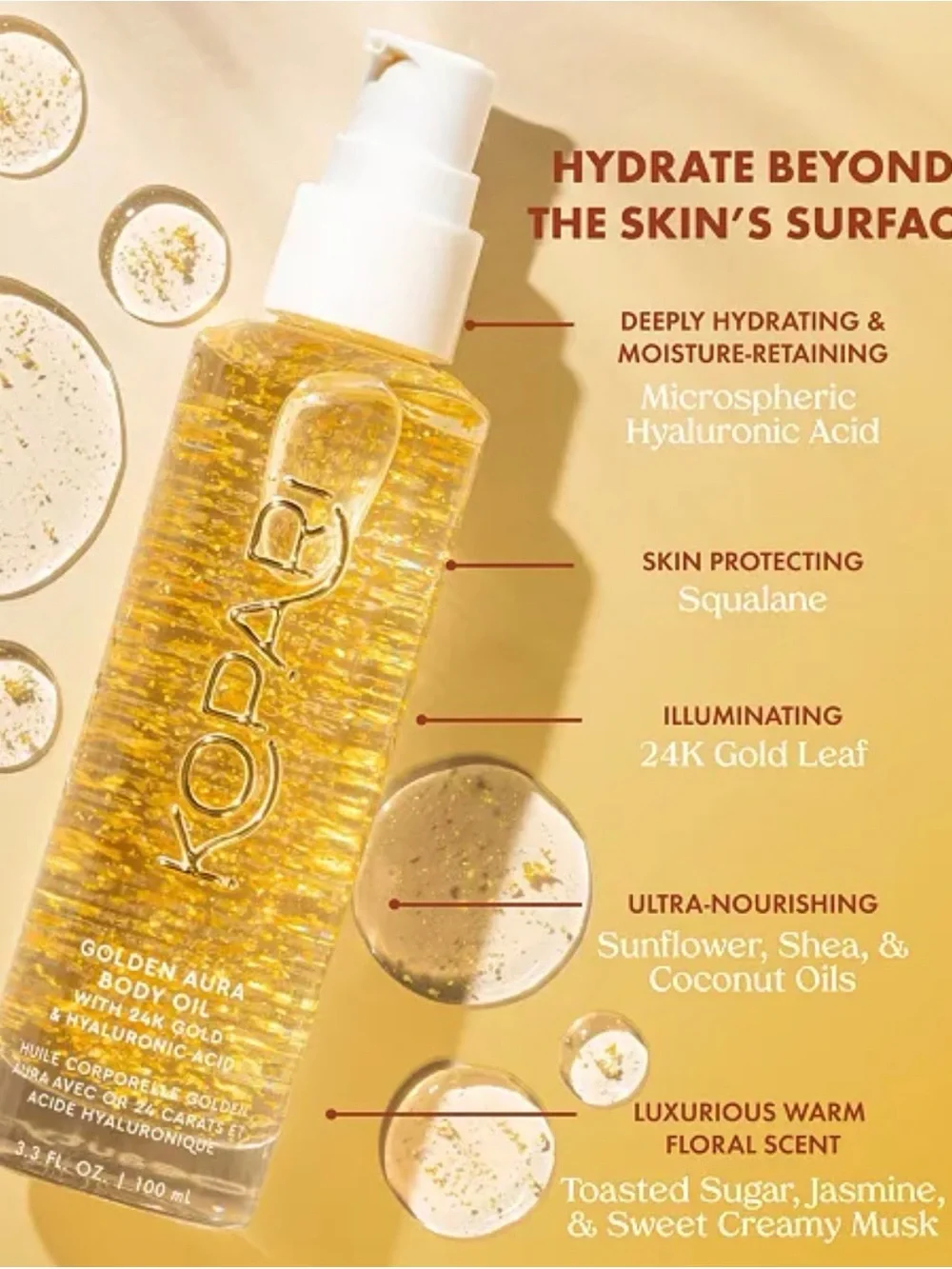 Kopari Golden Body Oil - Clear Bottle with Gold Oil and White Pump